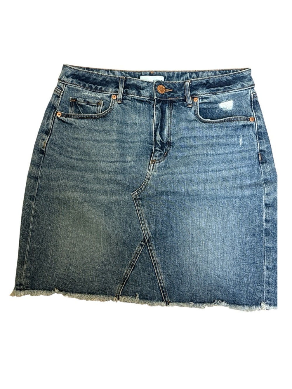 LOFT Medium Blue Denim Skirt with Frayed Hem - Picture 2 of 14